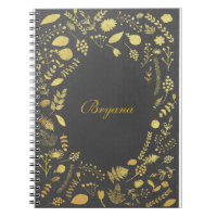 Charcoal Gray & Imitate Gold Floral Notebook Journ