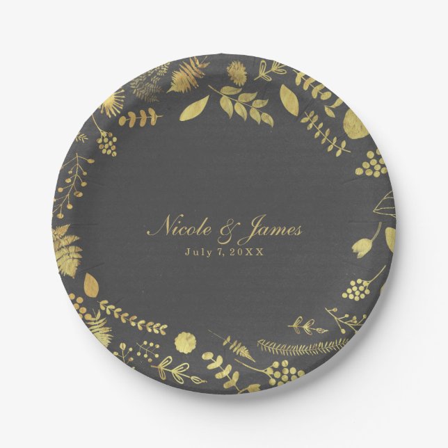 Charcoal, Gray & Imitate Gold Floral Wedding Telle Pappteller (Vorderseite)
