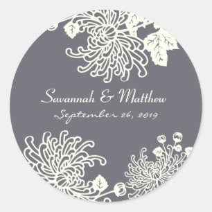 Charcoal Gray Modern Floral Wedding Heart Siegel Runder Aufkleber