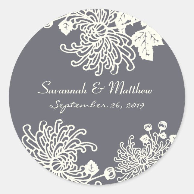 Charcoal Gray Modern Floral Wedding Heart Siegel Runder Aufkleber (Vorderseite)
