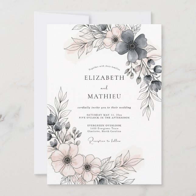 Charcoal Gray Romantic Spring Wedding Einladung (Vorderseite)