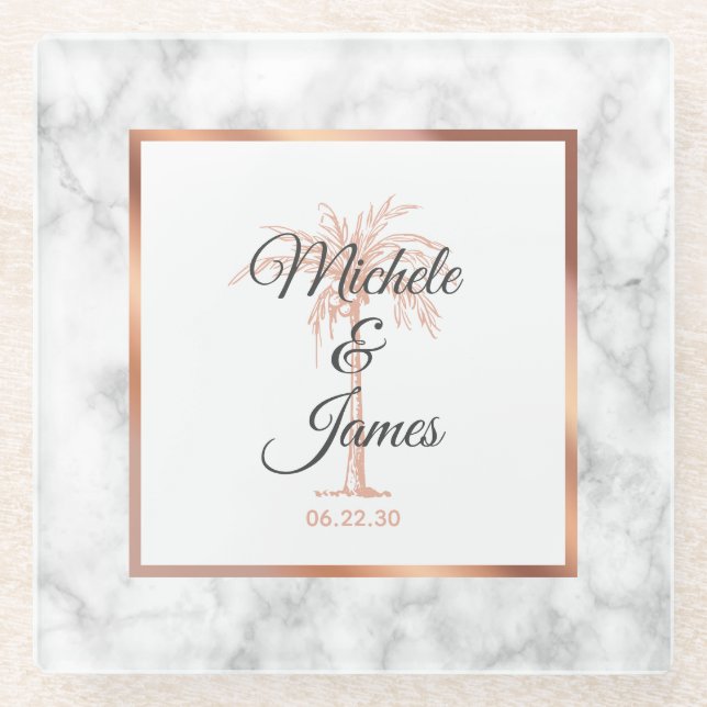 Charcoal Gray Rose Gold Palm Tree Marmorhochzeit Glasuntersetzer (Vorderseite)