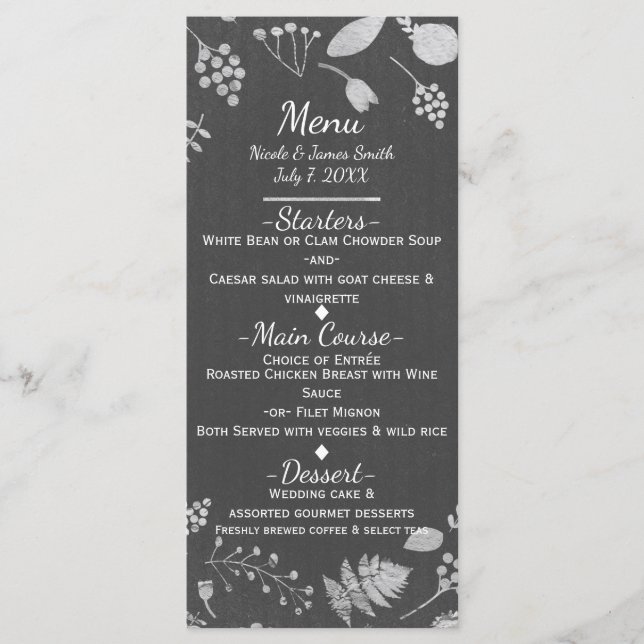 Charcoal Gray & Silver Floral Wedding Menu Card Menükarte (Vorderseite)