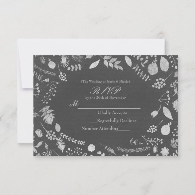 Charcoal Gray & Silver Floral Wedding RSVP Karte (Vorderseite)