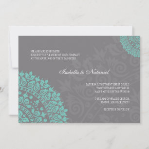 Charcoal Gray und Aqua Damask Hochzeit Einladung