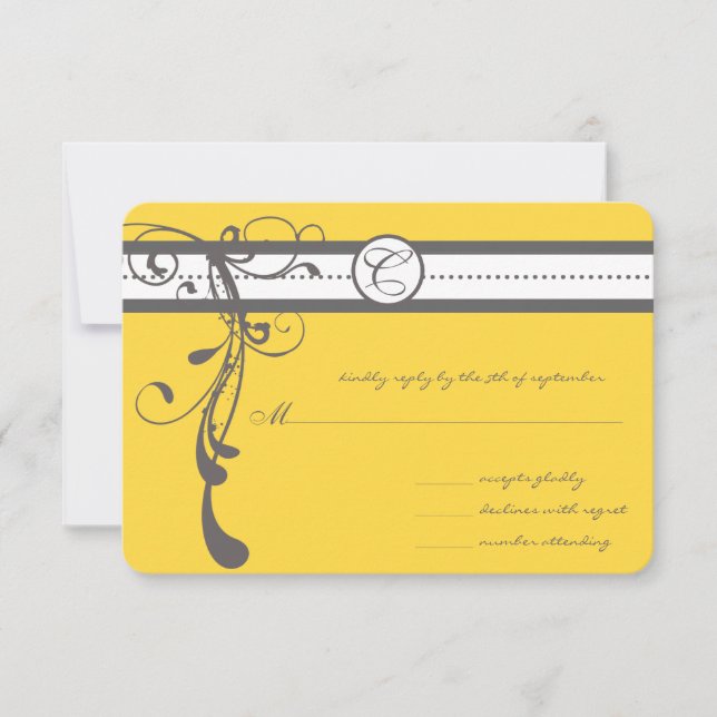 Charcoal Gray Wirbel Bight Yellow Wedding RSVP Karte (Vorderseite)
