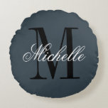 Charcoal grey cushion with custom monogram rundes kissen<br><div class="desc">Charcoal grey cushion with custom monogram. Personalized throw pillow for bed or sofa. Personalizable cushion monogrammed with name and initial letter. In stylish grey or custom background color. Elegant script typography text design. Classy chic home decor.</div>