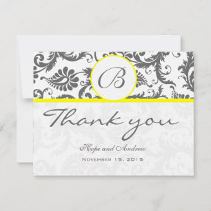 Charcoal Grey Damask Jaune Mariage Carte de remerc