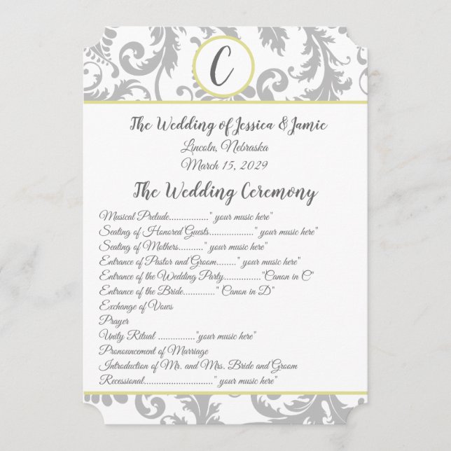 Charcoal Grey Damask Yellow Trim Wedding Programme (Devant)