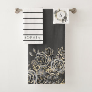 Charcoal Grey Gold Black Rose Floral Monogramme No