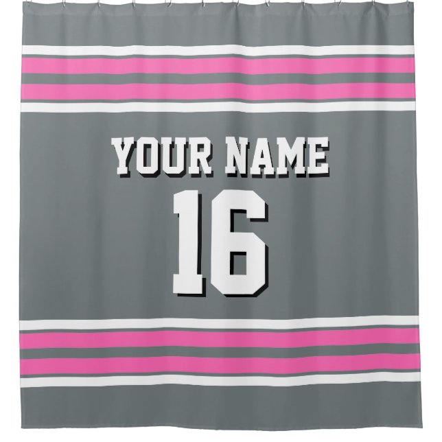 Charcoal Grey Hot Pink White Stripes Sports Jersey Duschvorhang (Vorderseite)