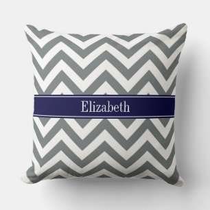 Charcoal Grey Lg Zickzack Navy Blue Name Monogram Kissen