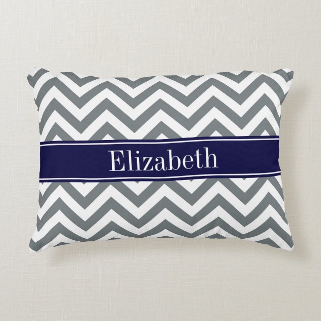 Charcoal Grey Lg Zickzack Navy Blue Name Monogram Zierkissen (Vorderseite)