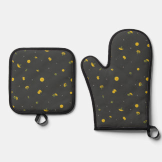 Charcoal Japanese Dandelion Floral Pattern Ofenhandschuh & Topflappen-Set