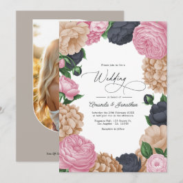 Charcoal, Light Taupe & Peony Pink Floral Wedding Einladung