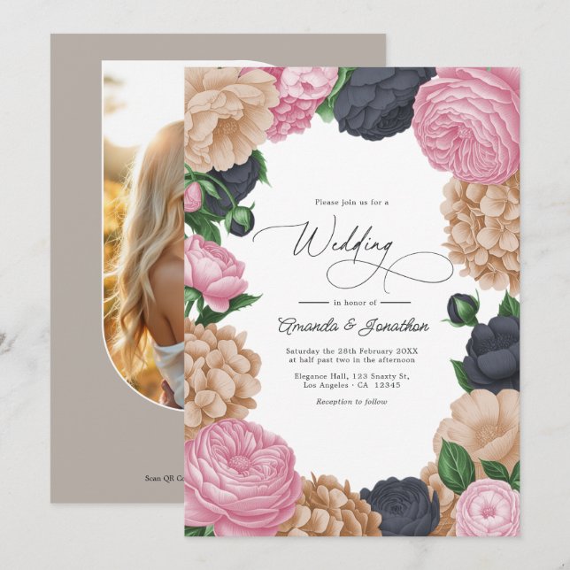 Charcoal, Light Taupe & Peony Pink Floral Wedding Einladung (Vorne/Hinten)