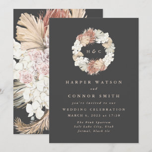 Charcoal Monogram Wreath Pampas Cream Floral Einladung