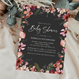 Charcoal Pressed Floral Baby Girl Dusche Einladung