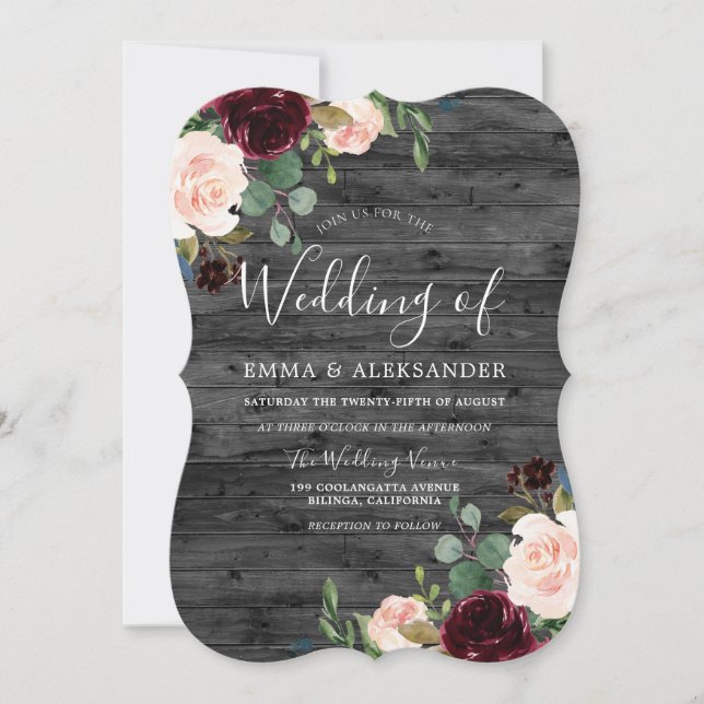 Charcoal Rustic Red Wine Floral Burgundy Wedding Einladung (Vorderseite)