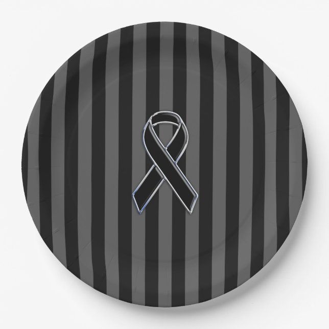 Charcoal Stripes Style Black Ribbon Awareness Pappteller (Vorderseite)