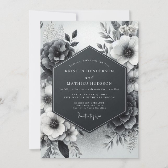 Charcoal Vesperal Flora Wedding Einladung (Vorderseite)