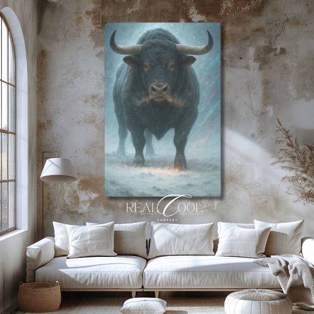 Charging Bull im Schnee Winter Blau Western Art Leinwanddruck (Charging Bull in Snow Winter Blue Western Art Canvas Print)