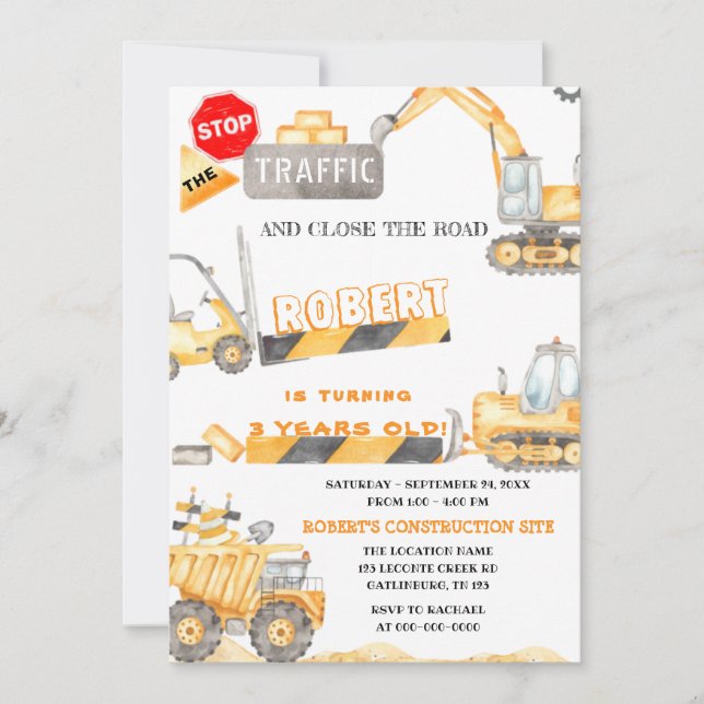 Chariots de construction Invitation d'anniversaire (Devant)
