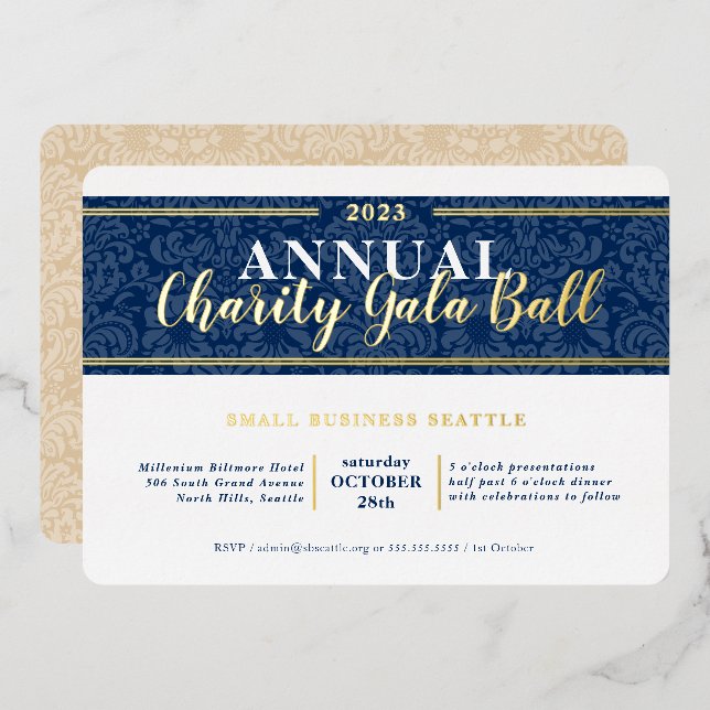 CHARITY GALA BALL elegant event navy blue gold Folieneinladung (Vorderseite/Rückseite)