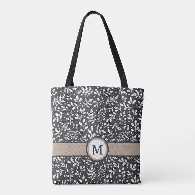 Charkohle Rustikaler Winter botanisch mit Monogram Tasche (Rückseite)