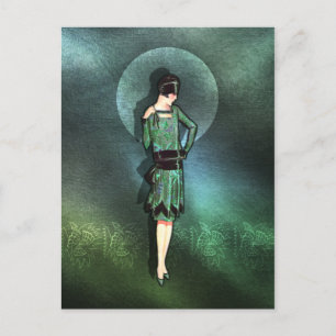 CHARLA, Art-Deco-Dame in Sage Green und Aquamarin Postkarte