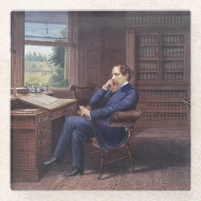 Charles Dickens in seiner Studie Glasuntersetzer (Vorderseite)