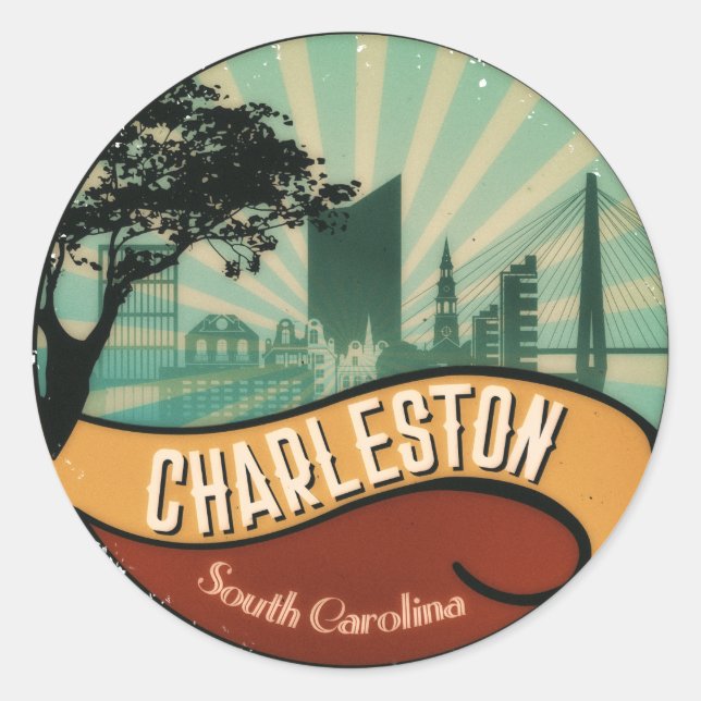 Charleston City Skyline Retro Vintager Aufkleber (Vorderseite)