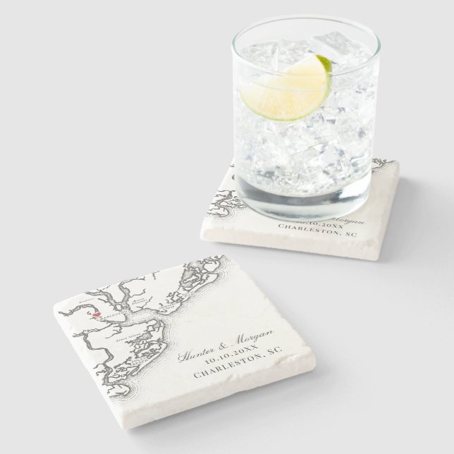 Charleston Map Elegante Schwarz-weiße Gastgeschenk Steinuntersetzer (Seitenansicht)