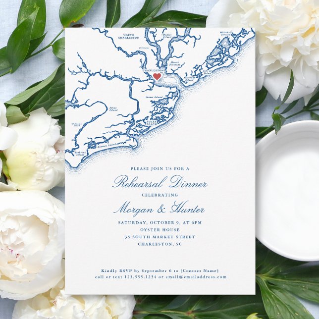 Charleston Map Navy Blue Wedding Probe Dinner Einladung (Charleston SC Map Wedding Rehearsal Dinner Invitation in elegant navy blue from Coastal Map Designs)