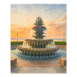 Charleston Pineappbrunnen Wasserfarbe Sonnenunterg Fotodruck