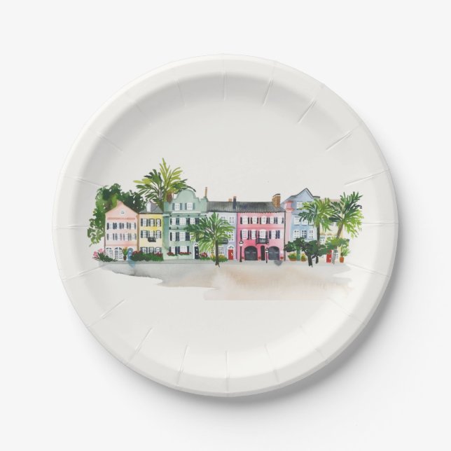 Charleston Rainbow Row Watercolor Pappteller (Vorderseite)