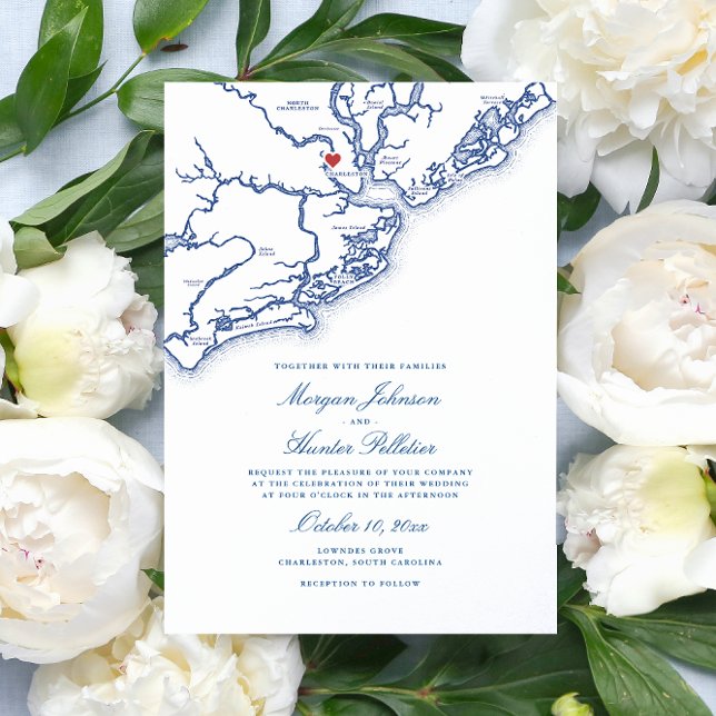 Charleston SC Karte Elegant Navy Blue Wedding (Charleston South Carolina Map Wedding Invitation in elegant navy blue from Coastal Map Designs)