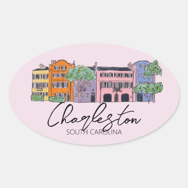 Charleston, South Carolina Hochzeitsrosa und Bogen Ovaler Aufkleber (Vorderseite)