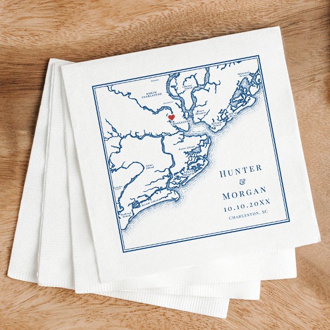 Charleston South Carolina Karte Serviette (Charleston South Carolina Map Napkins for an Elegant Navy Blue wedding from Coastal Map Designs)