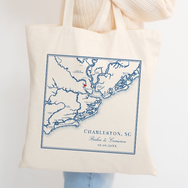 Charleston South Carolina Navy Blue Wedding Tragetasche (Charleston South Carolina Map Tote Bag Wedding Favor -- an elegant navy blue wedding welcome bag )