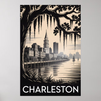 Charleston South Carolina Schwarz Weiß Holzschnitt Poster