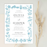 Charleston Toile Border in Blue Wedding Einladung