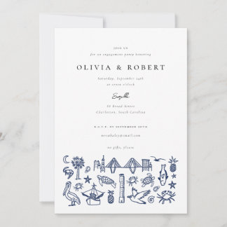 Charleston Toile Border of Navy Engagement Party Einladung