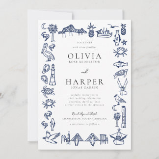Charleston Toile Navy Blue Wedding Einladung