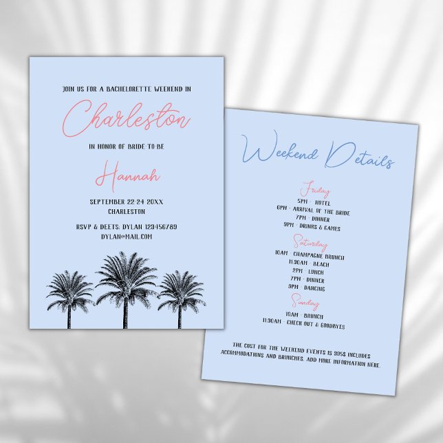 Charleston Tropical Palms Bachelorette Einladung (charleston bachelorette weekend invitation south carolina tropical palms sky blue beach bachelorette)