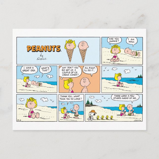 Charlie Brown & Sally Ice Cream am Strand Postkarte (Vorderseite)