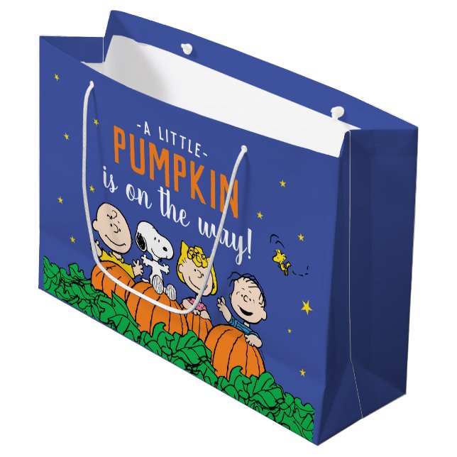 Charlie Brown und Gang Pumpkin Baby Shower Große Geschenktüte (Vorderseite Schrägansicht)