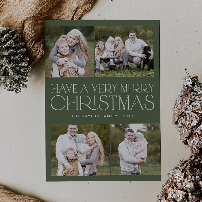 CHARLIE Green Simple Family Multi Foto Weihnachten (CHARLIE Green Simple Family Multi Photo Christmas Holiday Card)