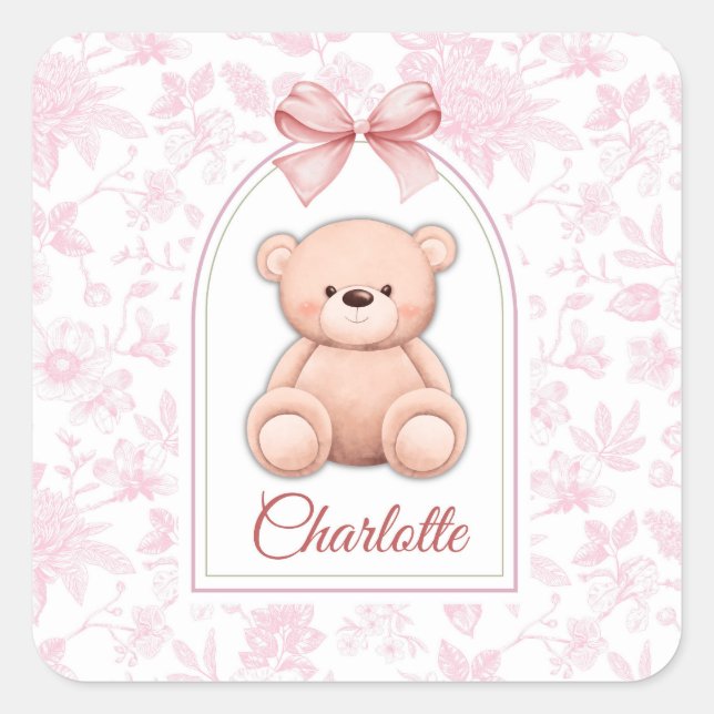Charlotte | Benutzerdefiniertes rosa Teddy-Bär-Kin Quadratischer Aufkleber (Vorderseite)
