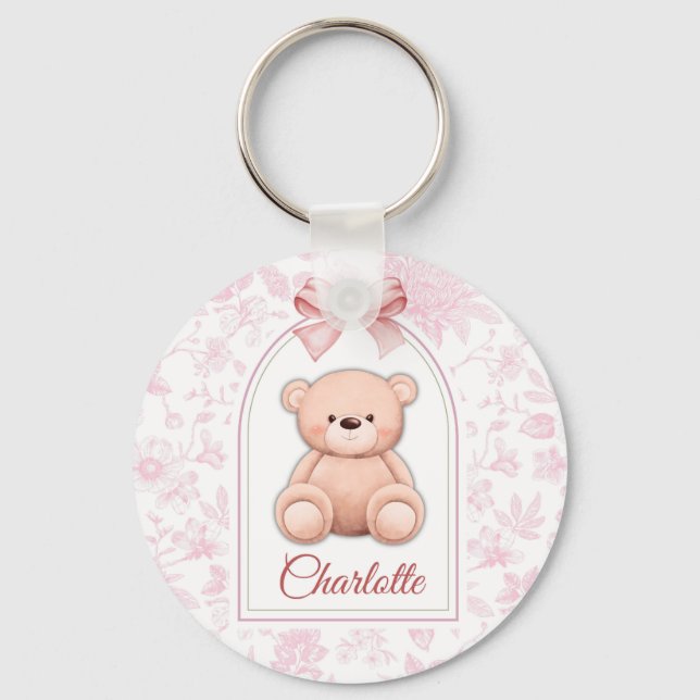 Charlotte | Benutzerdefiniertes rosa Teddy-Bär-Kin Schlüsselanhänger (Vorderseite)